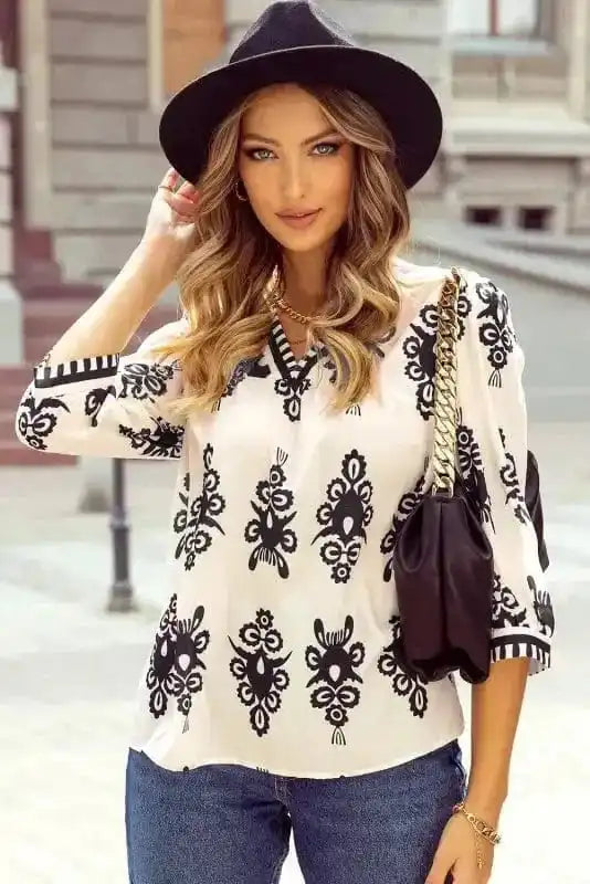 Blouses Geometric Glamour Quarter-Sleeve Top