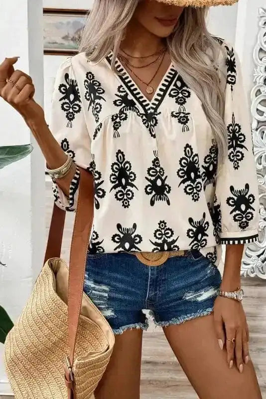 Blouses Geometric Glamour Quarter-Sleeve Top