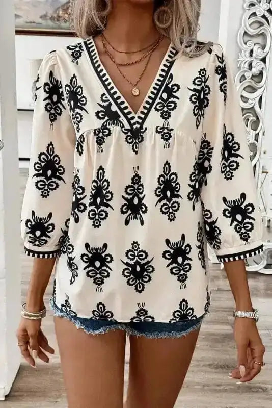 Blouses Geometric Glamour Quarter-Sleeve Top