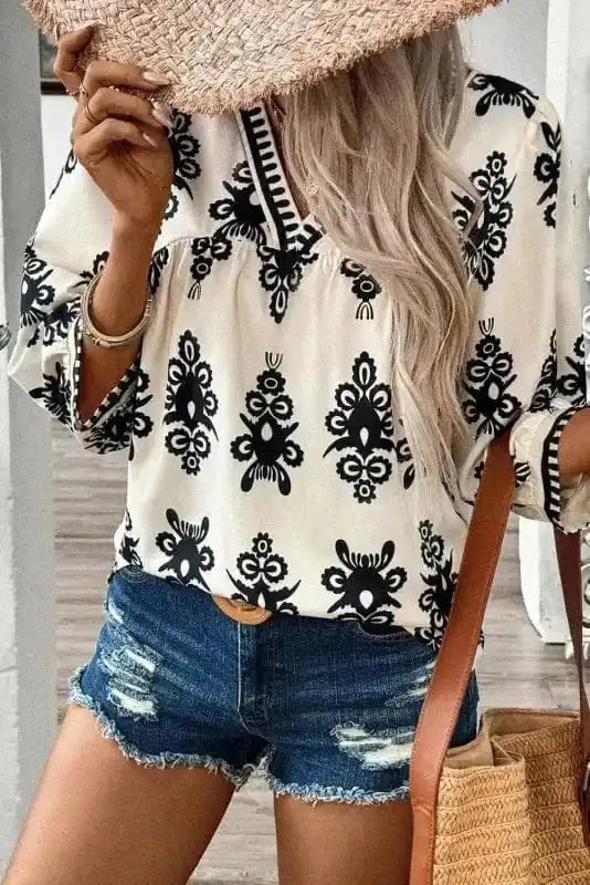 Blouses Geometric Glamour Quarter-Sleeve Top
