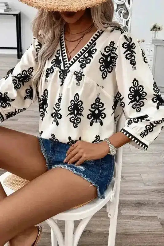 Blouses Geometric Glamour Quarter-Sleeve Top
