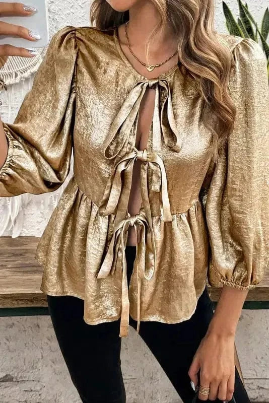 Blouses Gold / S / 100%Polyester Elegant Gold Bow Tie Puff Sleeve Ruffle Blouse