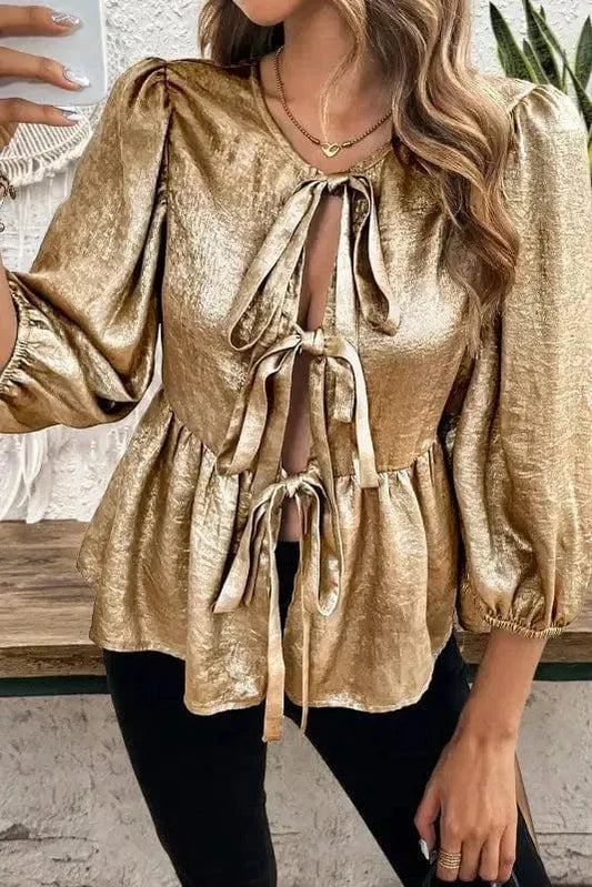 Blouses Gold / S / 100%Polyester Elegant Gold Bow Tie Puff Sleeve Ruffle Blouse