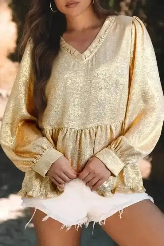 Blouses Gold / S / 100%Polyester Metallic Velvet Babydoll Blouse