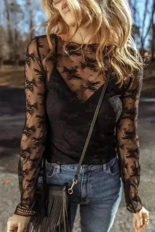 Black Lace Trim Sheer Slim Fit Blouse Women UK styled as an elegant evening occasion outfit — Fashionfitz