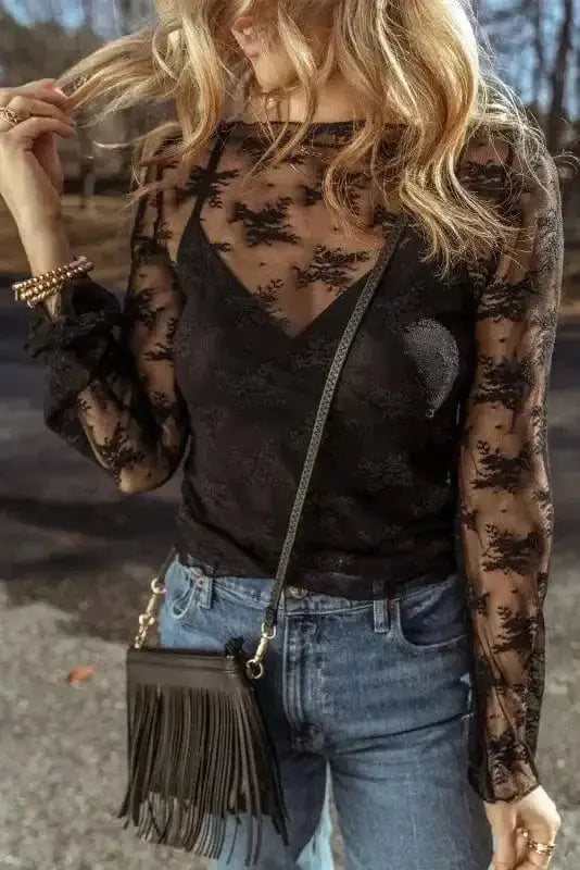 Close-up of Black Lace Trim Sheer Slim Fit Blouse showing intricate embroidered mesh texture and delicate lace trim — Fashionfitz