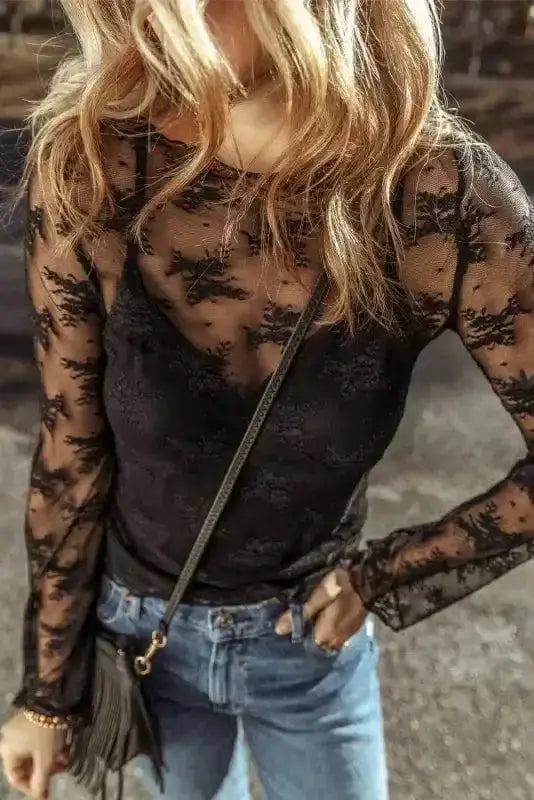 Side view of Black Lace Trim Sheer Slim Blouse showing body-following stretch fit and sheer mesh fabric — Fashionfitz