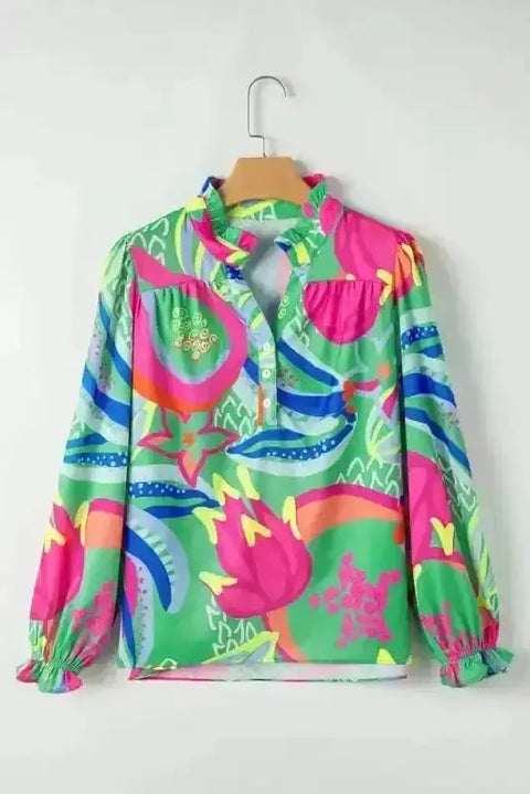 Green abstract print button-up elegant blouse front view — Fashionfitz UK