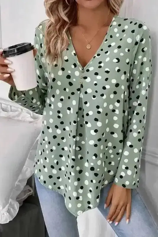 Blouses Green / S / 100%Polyester Polka Charm V-Neck Blouse