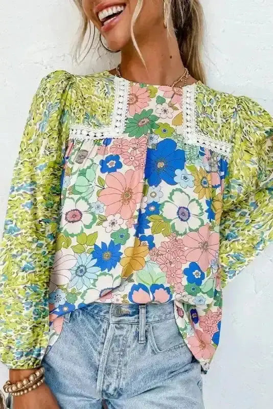 Green floral puff sleeve spring blossom blouse front view — Fashionfitz UK