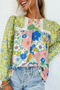 Green Floral Puff Sleeve Spring Blouse Women UK in 100% viscose — front view showing vibrant mixed floral and puff sleeves — Fashionfitz