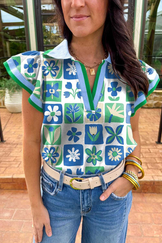 Blouses Green / S / 95%Polyester+5%Elastane Floral Fusion Flutter Blouse