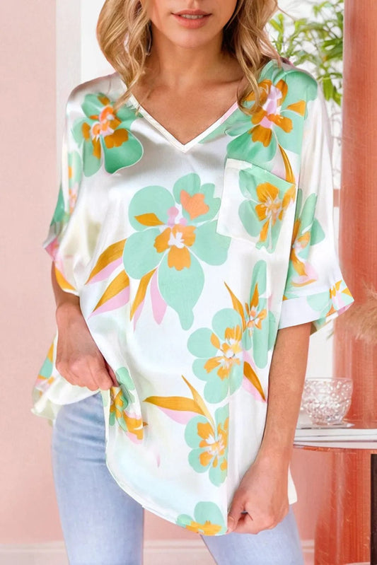 Blouses Green / S / 97%Polyester+3%Elastane Floral Satin Tunic Blouse