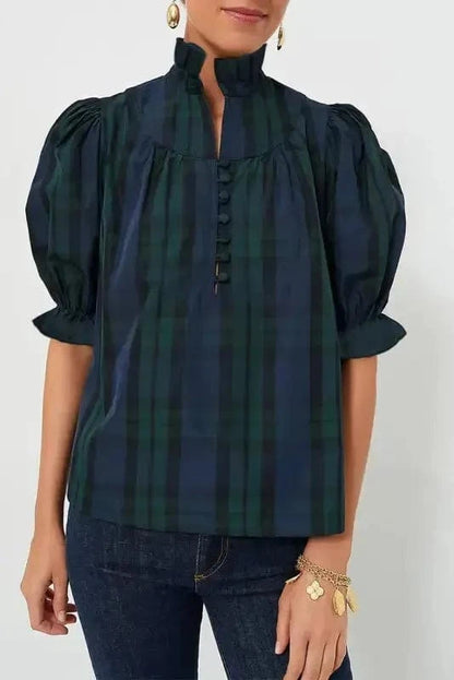 Blouses Green Stripe / S / 100%Polyester Plaid Elegant Blouse - Puff Sleeve Frilled Trim