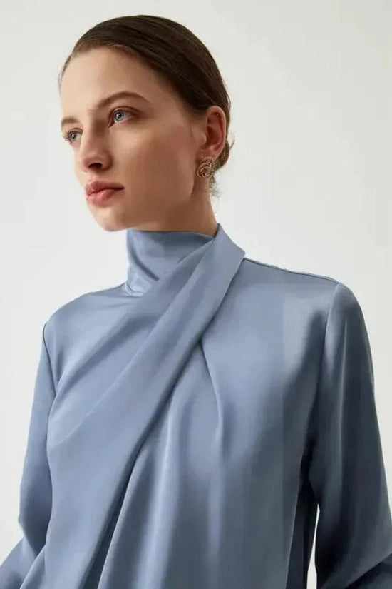 Blouses Ivy Asymmetric Blouse - Pleated Turtleneck Bell Sleeve