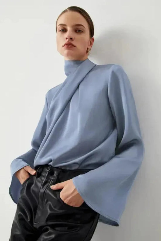 Blouses Ivy Asymmetric Blouse - Pleated Turtleneck Bell Sleeve