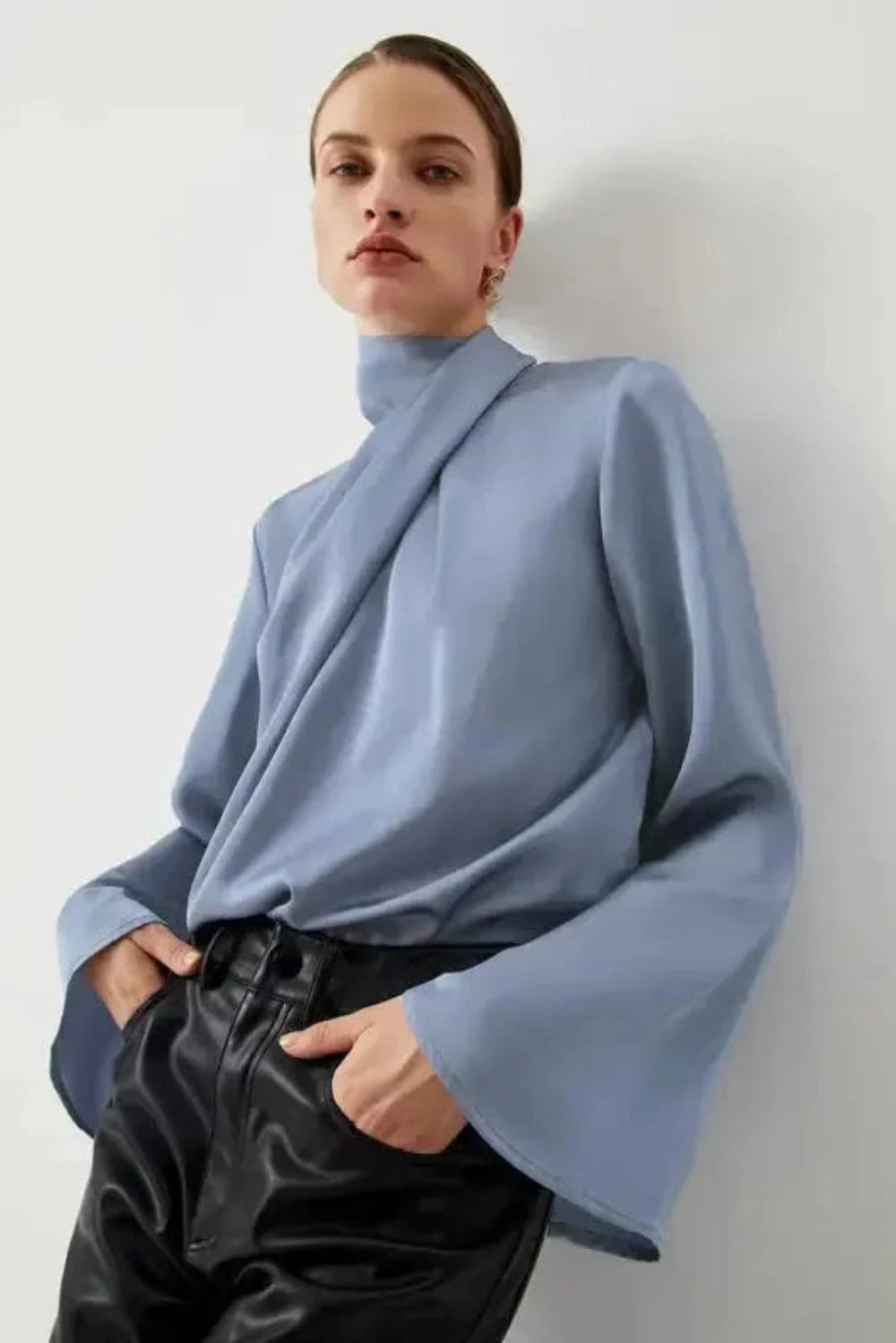 Blouses Ivy Asymmetric Blouse - Pleated Turtleneck Bell Sleeve