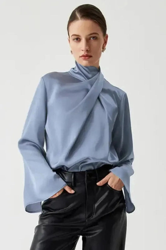 Blouses Ivy Asymmetric Blouse - Pleated Turtleneck Bell Sleeve