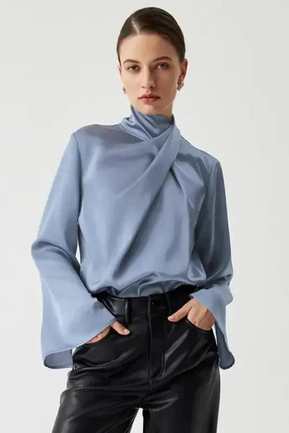 Blouses Ivy Asymmetric Blouse - Pleated Turtleneck Bell Sleeve