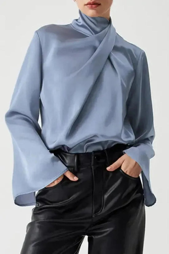 Blouses Ivy / S / 90%Polyester+10%Elastane Ivy Asymmetric Blouse - Pleated Turtleneck Bell Sleeve