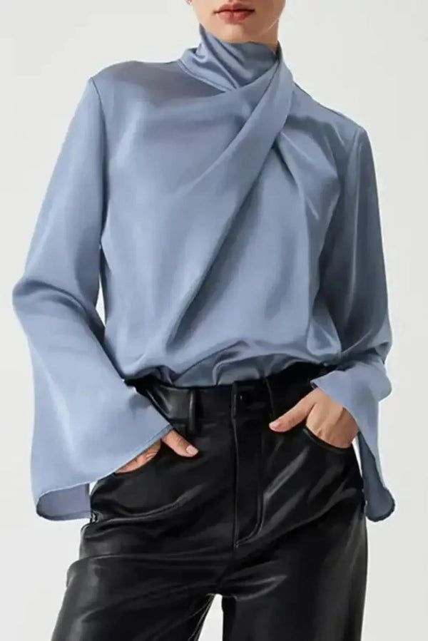Blue ivy satin pleated turtleneck bell sleeve blouse front view — Fashionfitz UK
