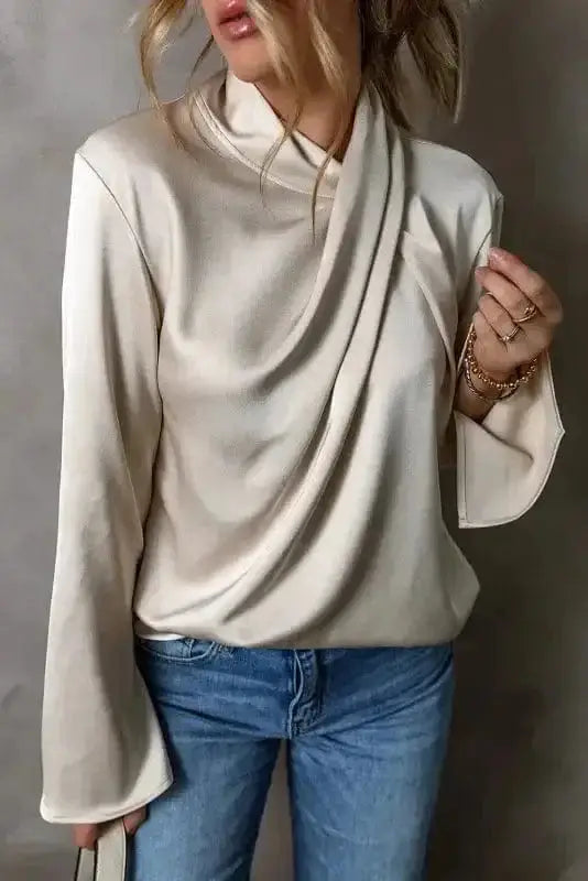 Satin Crossover Front Elegant Blouse Women UK in jet stream — front view showing satin fabric and crossover neckline — Fashionfitz