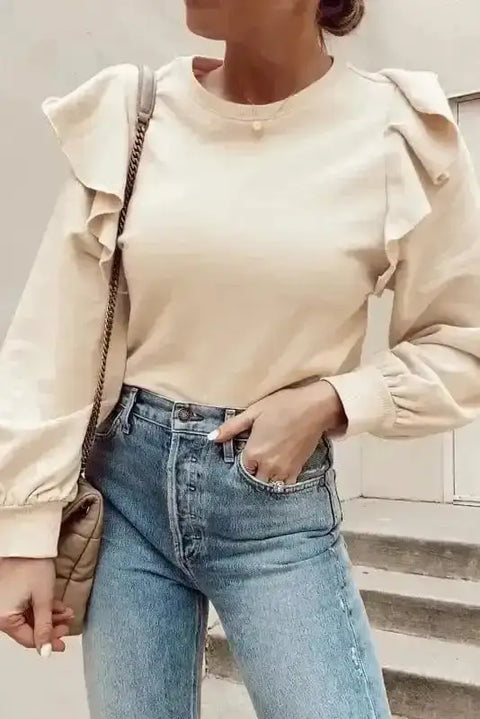 Jet stream solid colour cascading ruffle elegant blouse front view — Fashionfitz UK