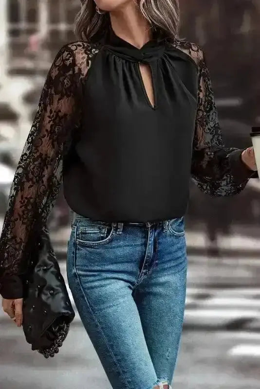 Black Lace Sleeve V-Neck Blouse Women UK styled as an elegantly feminine occasion outfit — Fashionfitz