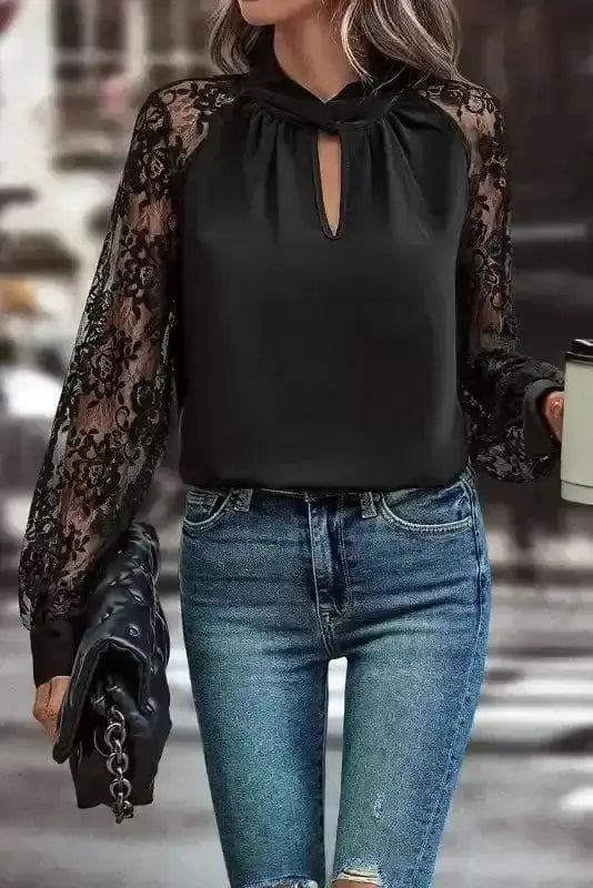 Close-up of Black Lace Sleeve V-Neck Blouse showing delicate intricate lace sleeve texture on 100% polyester — Fashionfitz