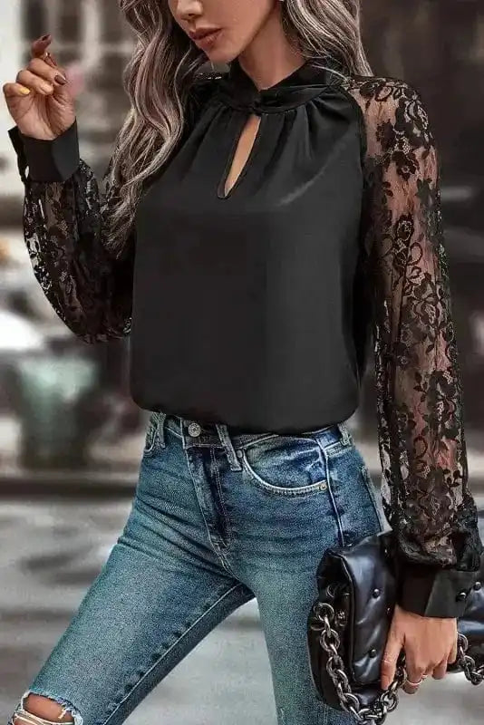 Blouses Lace Sleeves Blouse - Black