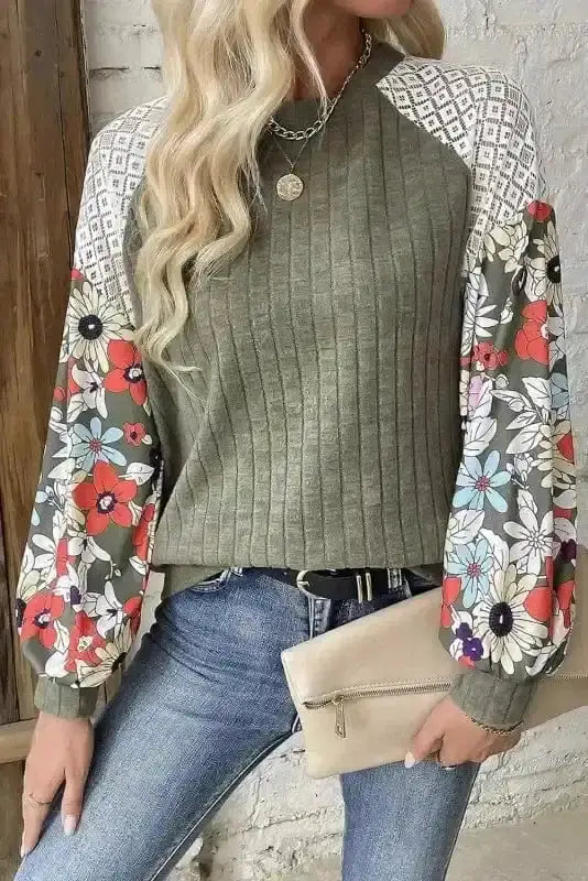 Floral Colour Block Ribbed Blouse Women UK in laurel green — front view showing mosaic floral colour block on ribbed fabric — Fashionfitz