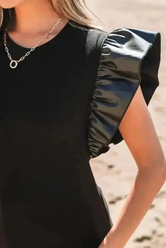 Blouses Leather Ruffle Sleeve Blouse