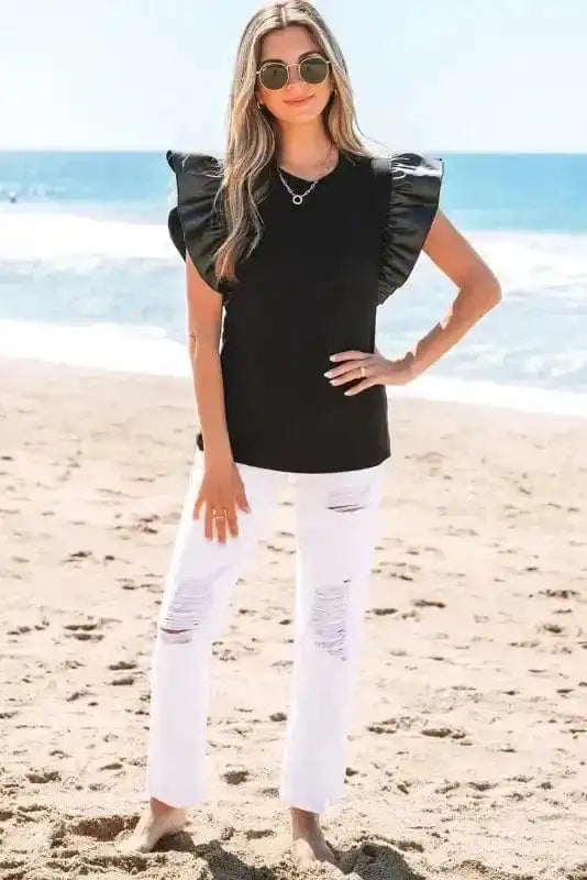 Blouses Leather Ruffle Sleeve Blouse