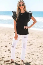 Blouses Leather Ruffle Sleeve Blouse