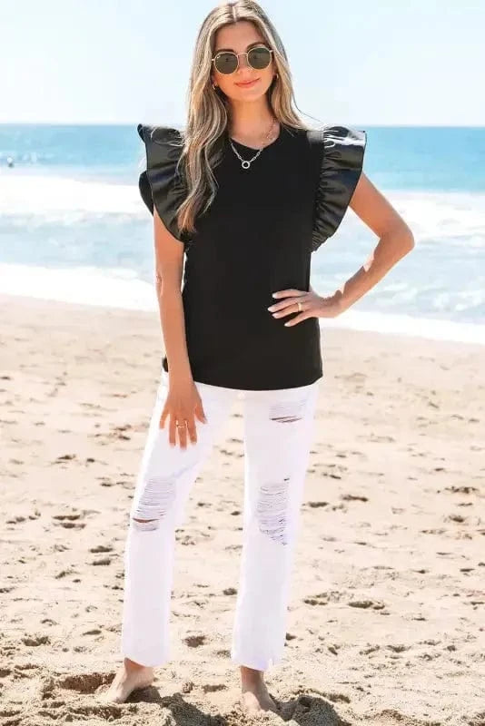 Blouses Leather Ruffle Sleeve Blouse