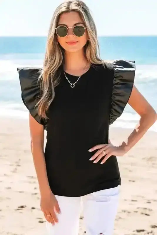 Blouses Leather Ruffle Sleeve Blouse