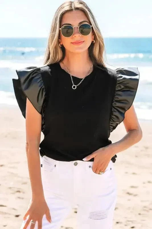 Blouses Leather Ruffle Sleeve Blouse