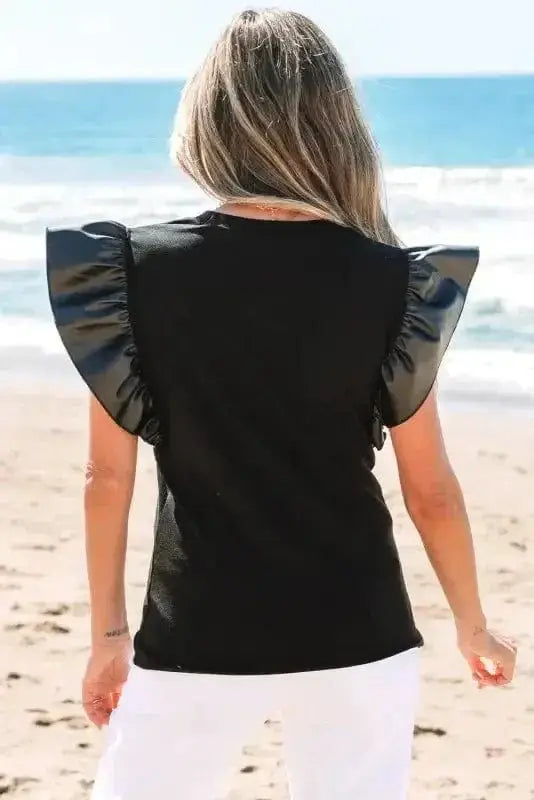 Blouses Leather Ruffle Sleeve Blouse