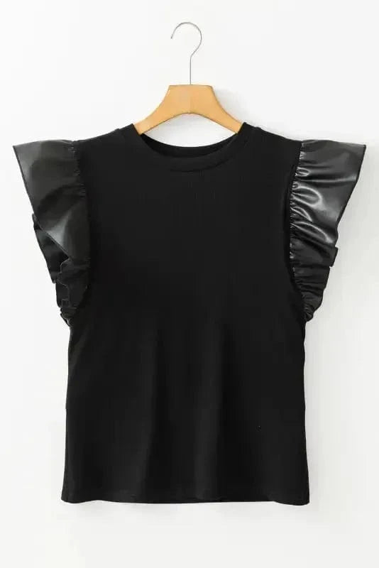 Blouses Leather Ruffle Sleeve Blouse