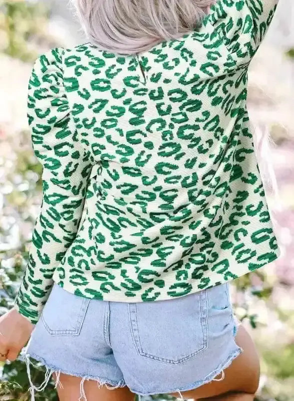Blouses Leopard Print Mock Neck Puff Sleeve Top
