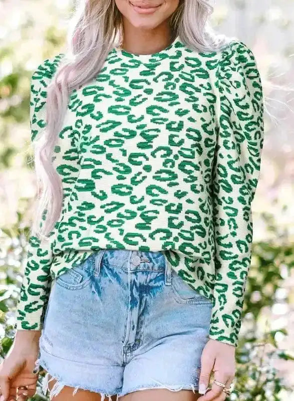 Blouses Leopard Print Mock Neck Puff Sleeve Top