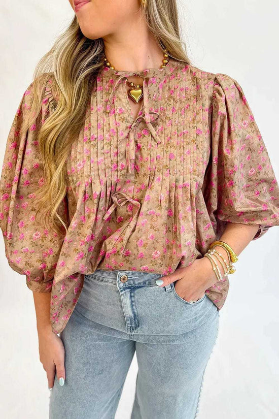 Blouses Light French Beige / S / 100%Polyester Floral Half Sleeve Blouse Top – Women’s Boho Casual Printed Blouse