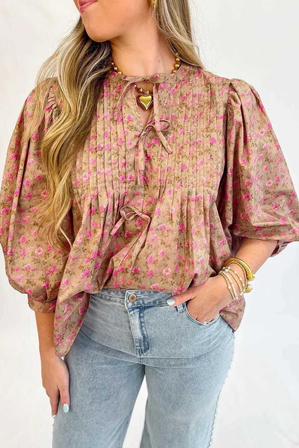 Blouses Light French Beige / S / 100%Polyester Floral Half Sleeve Blouse Top – Women’s Boho Casual Printed Blouse