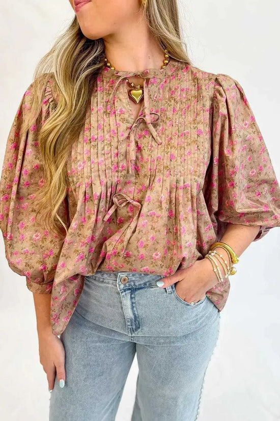 Blouses Light French Beige / S / 100%Polyester Floral Half Sleeve Blouse Top – Women’s Boho Casual Printed Blouse