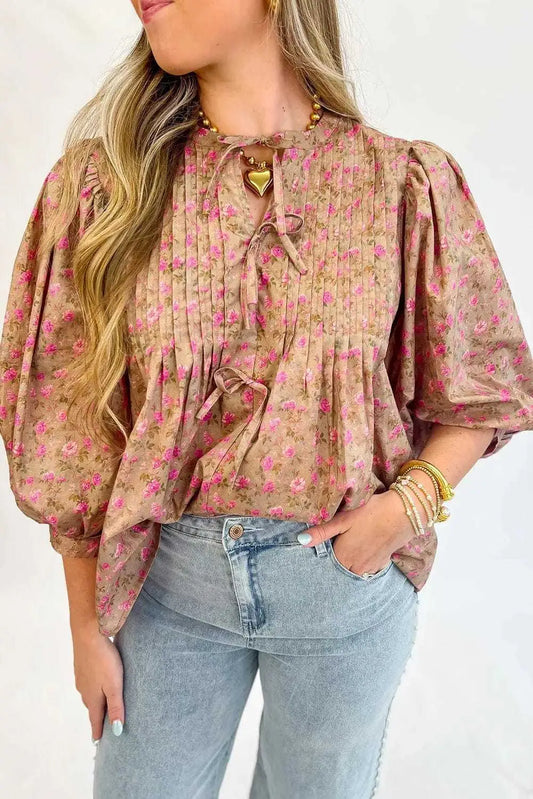 Blouses Light French Beige / S / 100%Polyester Floral Half Sleeve Blouse Top – Women’s Boho Casual Printed Blouse