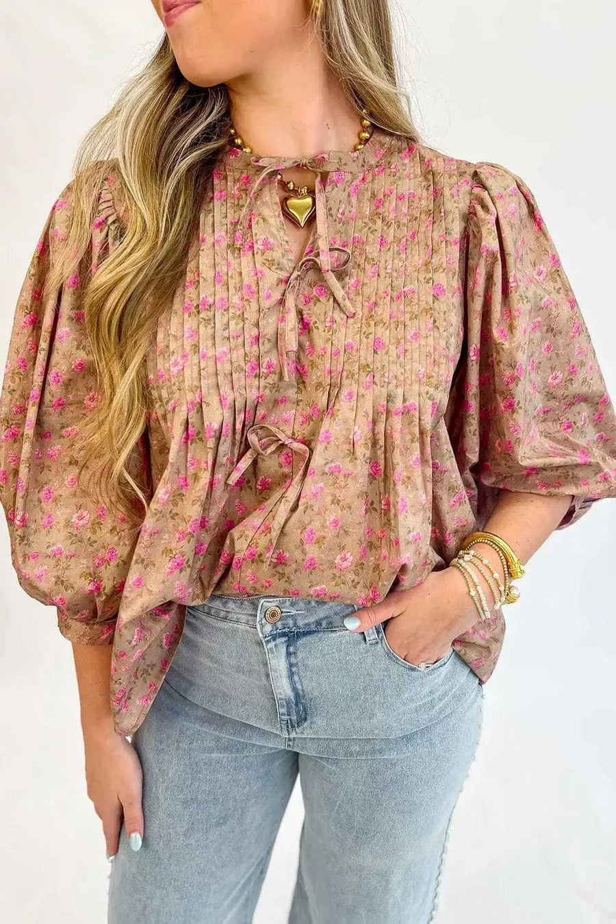 Light french beige floral half sleeve boho casual puff blouse front view — Fashionfitz UK