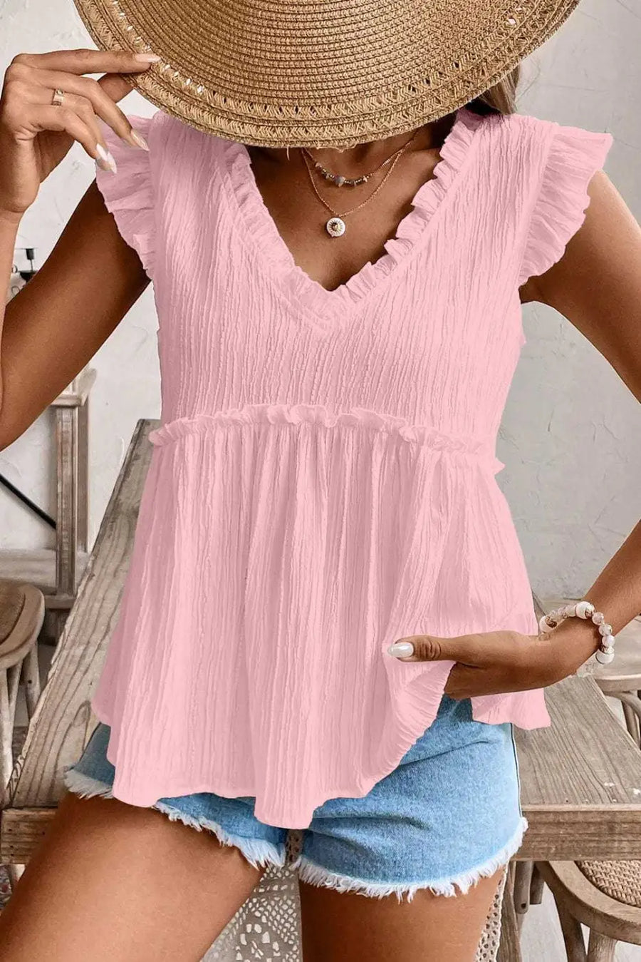 Pink Solid Ruffle Trim Flowy Top Women UK in light pink — front view showing soft blush pink and ruffle trim detail — Fashionfitz