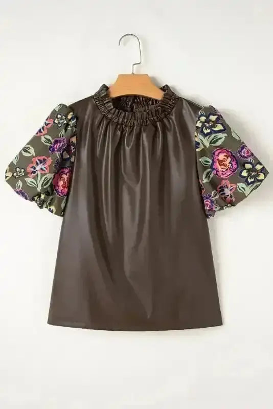 Close-up of Faux Leather Bubble Sleeve Frilled Collar Blouse showing frilled collar detail and four-leaf-clover green PU leather surface — Fashionfitz