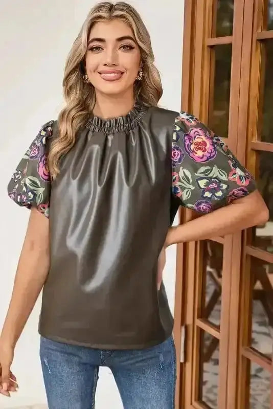 Side view of Faux Leather Bubble Sleeve Frilled Collar Blouse showing distinctive bubble sleeve shape in green PU leather — Fashionfitz