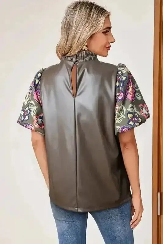 Back view of Faux Leather Bubble Sleeve Frilled Collar Blouse showing lined PU leather construction and short sleeve — Fashionfitz